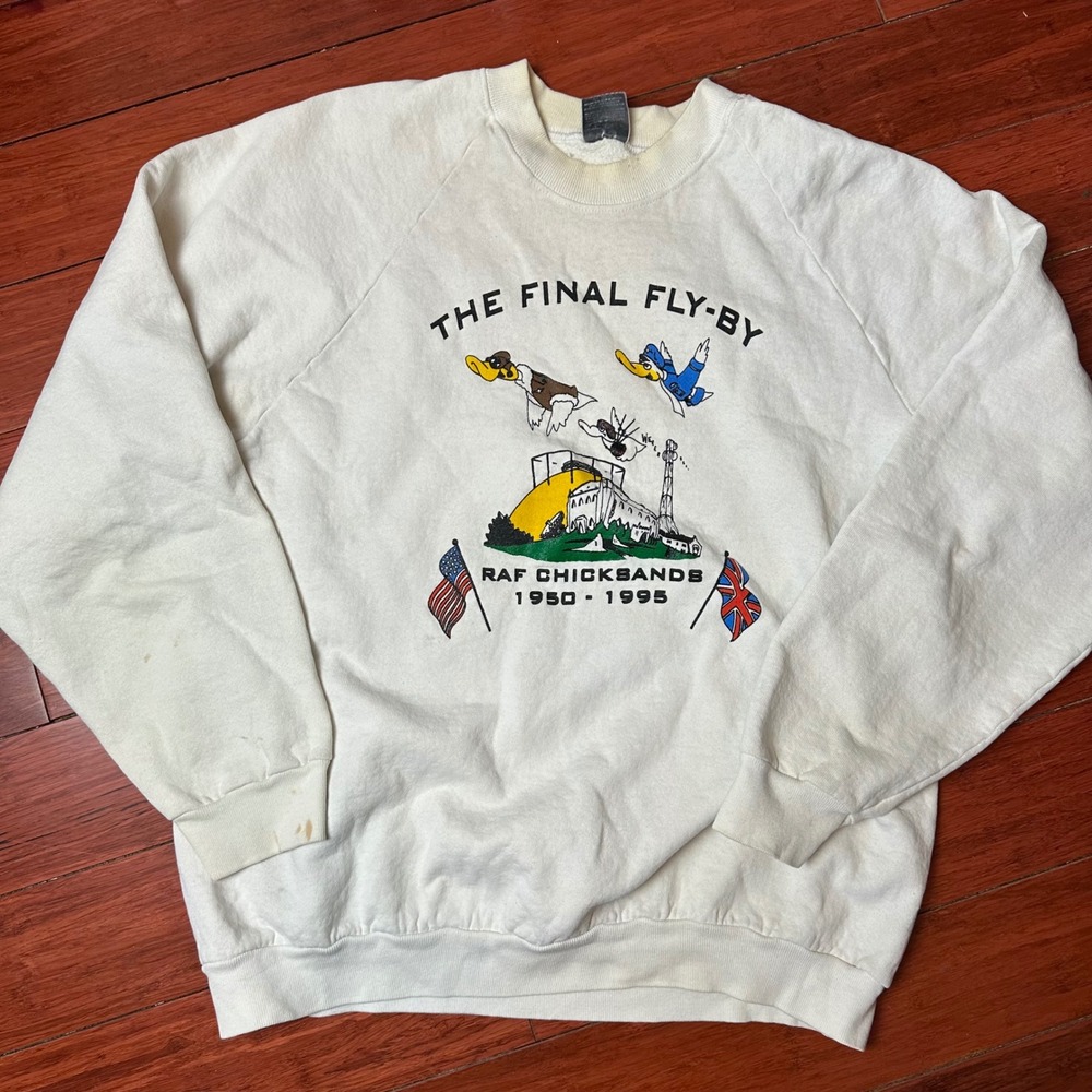 Vtg 90s RAF Chicksands The Final Fly-By Sweatshirt Screen Stars White XL‎